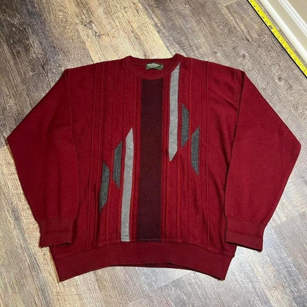 Vintage 1990s Norm Thompson Abstract Geometric Knit Sweater XL Burgundy Canada